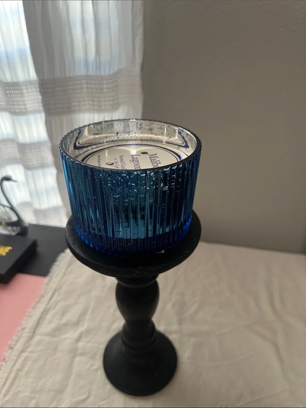 Malibu Lagoon Blue MercuryGlass Candle Jar & Black Wood candle stick. NWT